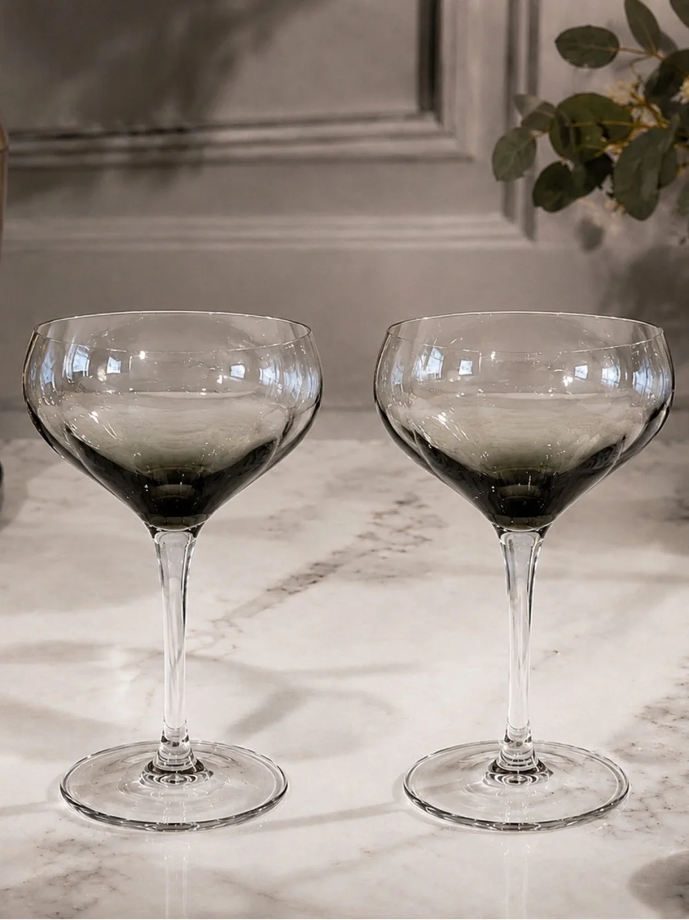 Pair (2) Sur la Table Smoke and Clear Wine Glasses | Signed | EUC